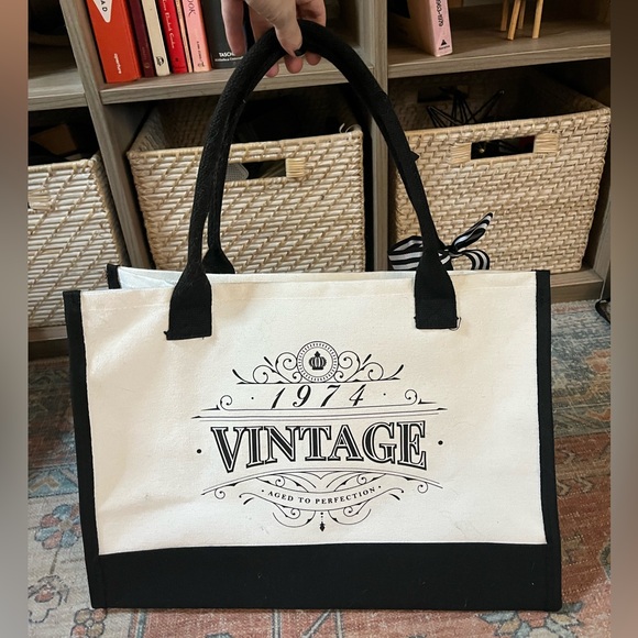 Handbags - NWT “1974 Vintage, Back in 1974” Large Canvas Tote Bag Black & White Bow Detail